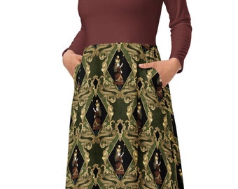 May include: A long-sleeved dress with a burgundy top and a patterned skirt. The skirt features a repeating design of figures in ornate frames on a dark green background. The dress has pockets and is paired with white sneakers.