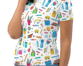 School Supplies Tshirt, Womens All Over Print Top, Teacher Clothing, Back to School Shirt