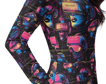 Cyberpunk Long Sleeve Midi Dress with Pockets, Ai Themed, Futuristic, Cyborg, Flared Skirt