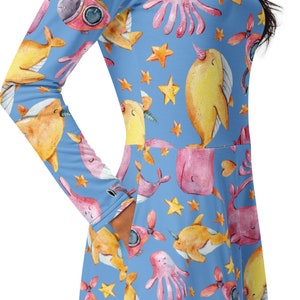 Ocean Long Sleeve Midi Dress with Pockets, Submarine, Flared Skirt