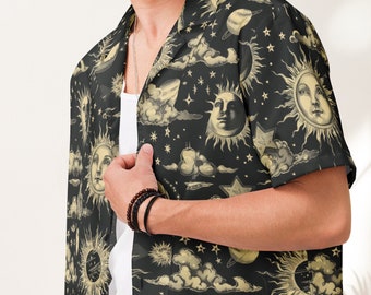 Celestial Hawaiian Shirt, Celestial Shirt, Mystical Shirt, Moon and Stars Shirt, Celestial Button Up Shirt Mens