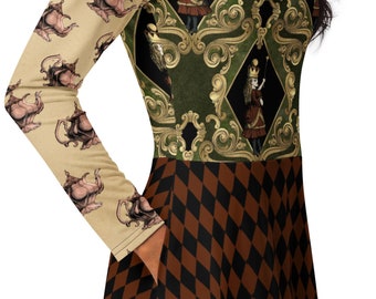 May include: A long-sleeved dress with a brown and black diamond pattern skirt. The top half of the dress features a green and gold pattern with images of a queen of hearts holding a playing card.