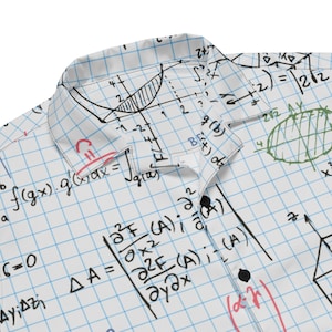 May include: A white button-up shirt with a blue and white grid pattern. The shirt is covered in handwritten math equations and graphs.