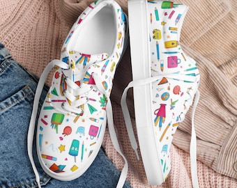 School Supplies Women’s Canvas Shoes, Back to School Outfit, Sneakers for Teachers, Elementary School Outfit, Office Supplies Theme