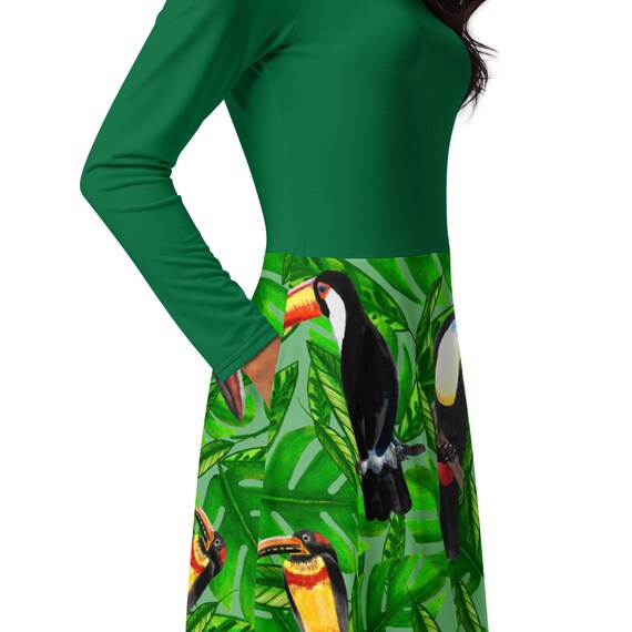 green forest birds midi dress Jungle Long Sleeve with Pockets, Rainforest, Flared Skirt Through vibrant florals