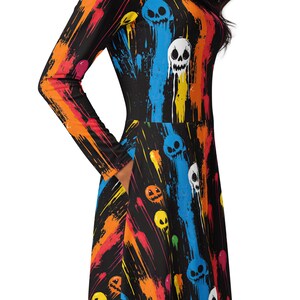 Vestido de esqueleto colorido, vestido de Halloween colorido, vestido de Halloween para professor de arte, traje de Halloween para professor de arte, vestido para professor