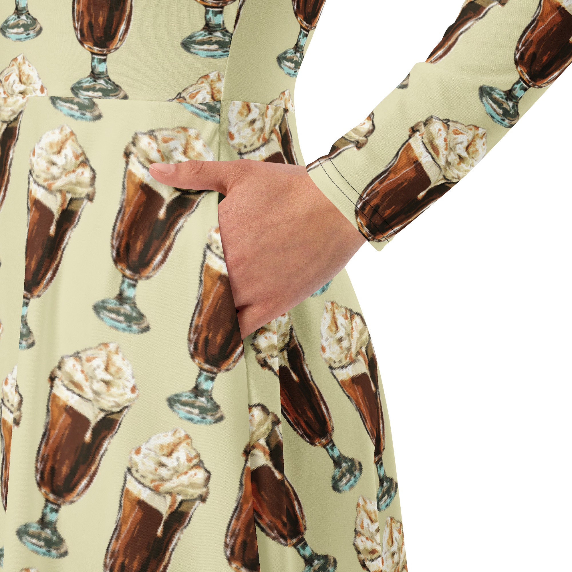 Ice Cream Long Sleeve Midi Dress with Pockets, Root Beer Float, Dessert Party, Fun Teacher, Flared Skirt