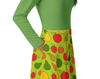 Apple Long Sleeve Midi Dress with Pockets, Farm Fresh, Autumn, Cute Fall, Flared Skirt