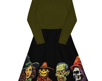 May include: A black and green dress with long sleeves and a flared skirt. The skirt features a print of four cartoon faces, including a witch, a scarecrow, a monster, and a skull.