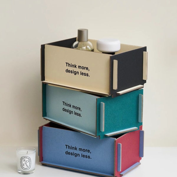 Kleurrijke opbergdoos gemaakt van 100% recyclebare, milieuvriendelijke doos "Denk meer, ontwerp minder" make-updoos, bureauopslag, stationaire opslag