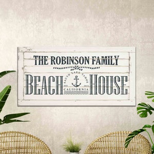 Custom Beach House Sign Canvas Print Beach House Decor Framed Easy Hang Canvas Wall Art Beach House Coastal Decor Natural Wood Frame Canvas