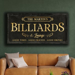 Personalized Billiards Lounge Sign - Custom Game Room Metal Wall Art - Vintage Pool Room Decor with Family Name