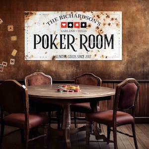 Plaque personnalisée de salle de poker, salle de jeux, décoration murale homme des cavernes, sous-sol, impression sur toile vintage, art mural rustique, salle de jeux, jetons de cartes de poker