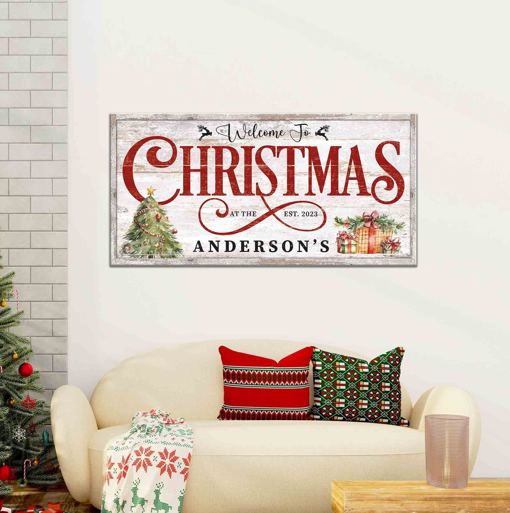 Placa de Natal personalizada Placa de nome de família em tela Bem-vindo ao Natal Decoração de parede em tela Árvores de Natal e presentes Decoração de inverno Inauguração de casa