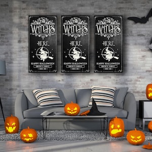 The Witches Are Here Halloween Sign – Spooky Trio Canvas or Metal Wall Decor – Custom Family Name Halloween Sign