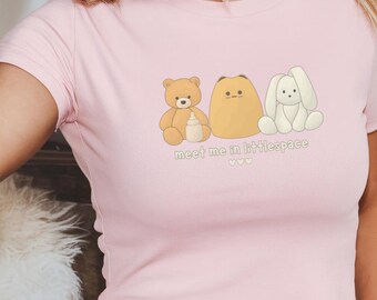 Fitted Teddy Bear & Bunny "Meet Me In Littlespace" Tshirt | Kidcore Clothes | Agere Animal Character Agedreamer Tee