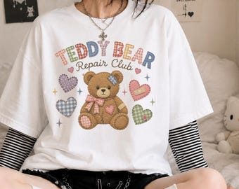 Camiseta Agere Cozycore con osito de peluche / Camiseta Kidcore Patchwork con ositos de peluche y temática infantil / Ropa Softcore Babycore