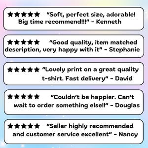 May include: Image of customer reviews with five-star ratings. The reviews are in white text on a light blue background. The reviews mention quality, size, and customer service. The reviews are from Kenneth, Stephanie, David, Douglas, and Nancy.