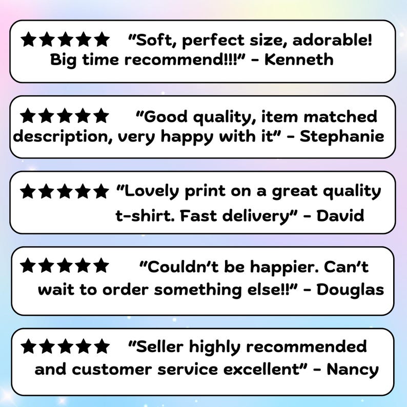 May include: Image of customer reviews with five-star ratings. The reviews are in white text on a light blue background. The reviews mention quality, size, and customer service. The reviews are from Kenneth, Stephanie, David, Douglas, and Nancy.