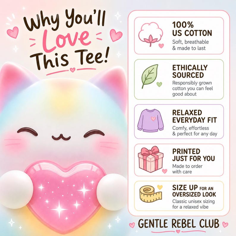 May include: A whimsical graphic with a pastel cat holding a pink heart, accompanied by text promoting a tee shirt. The text highlights features like 100% US cotton, ethical sourcing, relaxed fit, and custom printing. The phrase "Why You'll Love This Tee!" is prominently displayed.