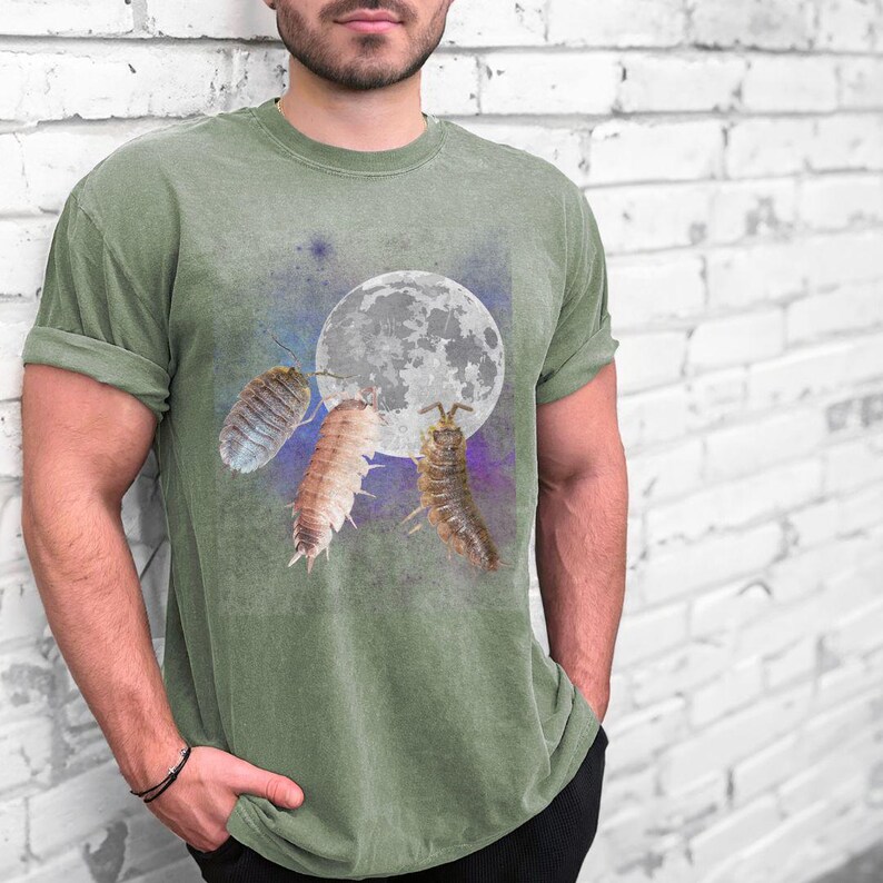 May include: A green t-shirt with a graphic of three pill bugs crawling on the moon. The moon is white and the pill bugs are a variety of colors.