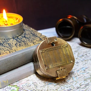 Brass Sundial, Personalized Navigator&#39;s Timer, Brass Compass, Gift for Travelers, Antique Vintage Nautical Compass