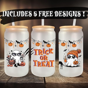 Halloween Glass Can Wrap SVG – 16oz Libbey Can PNG – Pumpkin Spice Friendly Ghost Iced Coffee Cup Wrap – Fall Drinkware Cut File