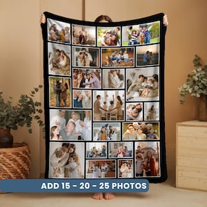 May include: Black fleece blanket featuring a collage of family photos. The blanket has a black border and a rectangular layout with multiple photo frames. Text at the bottom reads "ADD 15 - 20 - 25 PHOTOS".