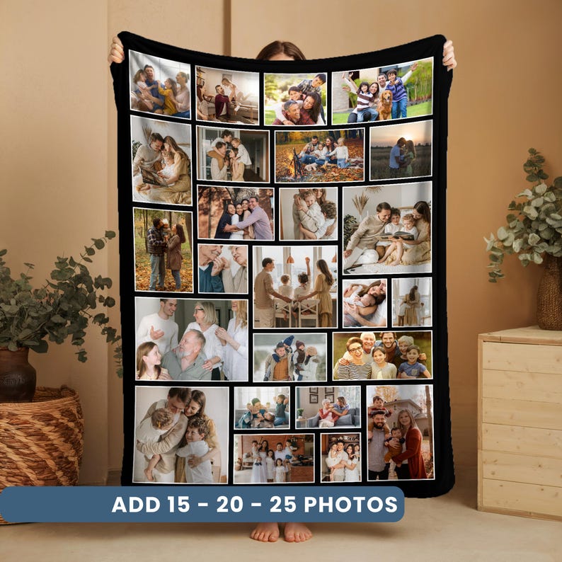 May include: A black-bordered photo collage blanket featuring a collection of twenty-five individual family photographs arranged in a grid layout. The blanket displays various candid moments of people in indoor and outdoor settings.
