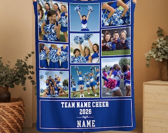May include: A blue blanket with a collage of cheerleaders in action, wearing blue and white uniforms and holding pom-poms. The blanket has a blue border with the text "TEAM NAME CHEER 2026 NAME" in white.