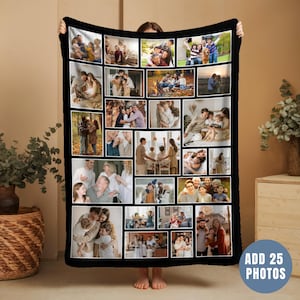 May include: A rectangular black-bordered fleece blanket featuring a collage of twenty-five distinct family photographs. The images display various indoor and outdoor scenes of people interacting, posing, and celebrating together in a grid layout.