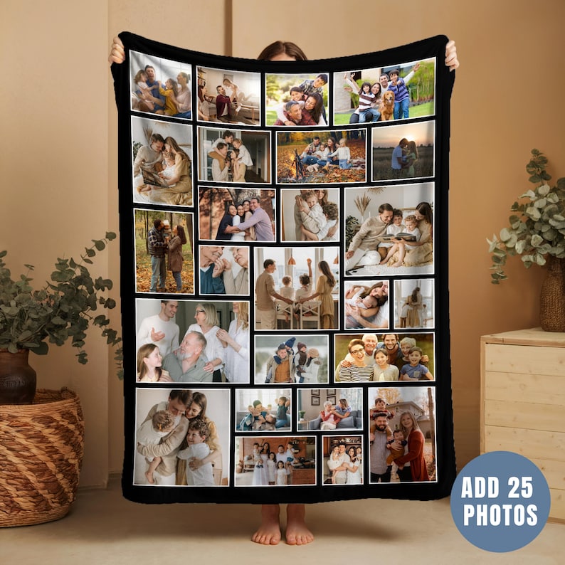 May include: A rectangular black-bordered fleece blanket featuring a collage of twenty-five distinct family photographs. The images display various indoor and outdoor scenes of people interacting, posing, and celebrating together in a grid layout.