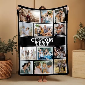 May include: A black fleece blanket featuring a collage of family photos. The blanket has a black border and a central black panel with the words "CUSTOM TEXT" in white. The photos depict various family moments.