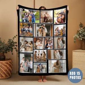 May include: A black-bordered custom photo blanket featuring a collage of fifteen distinct family photographs. The rectangular textile displays various candid moments of people interacting, hugging, and spending time together in indoor and outdoor settings.