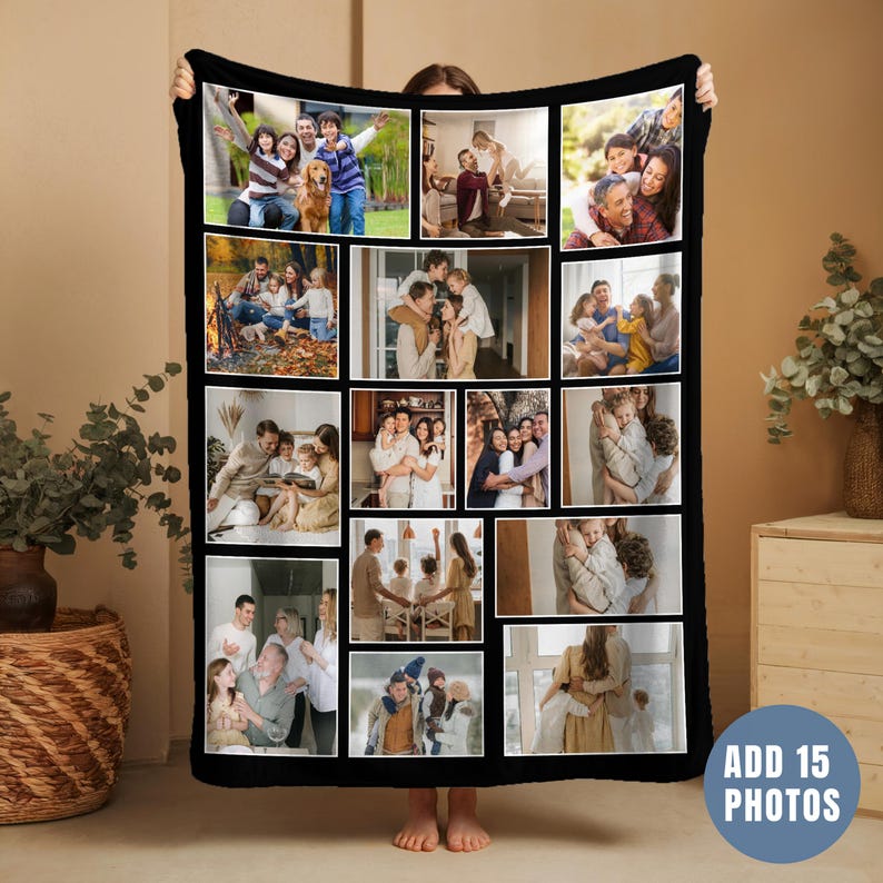 May include: A black-bordered custom photo blanket featuring a collage of fifteen distinct family photographs. The rectangular textile displays various candid moments of people interacting, hugging, and spending time together in indoor and outdoor settings.