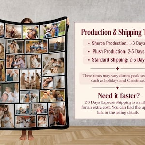 May include: A rectangular photo collage blanket featuring a black border and numerous individual family photographs arranged in a grid layout. The blanket displays various candid moments of people in indoor and outdoor settings.