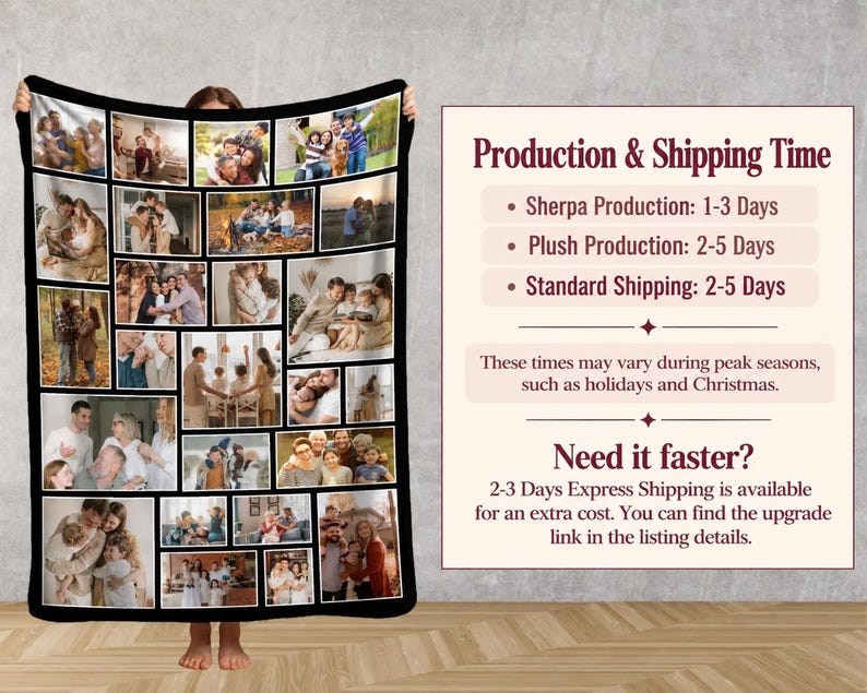 May include: A rectangular photo collage blanket featuring a black border and numerous individual family photographs arranged in a grid layout. The blanket displays various candid moments of people in indoor and outdoor settings.