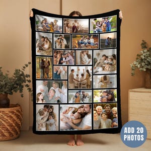 May include: A black custom photo collage blanket featuring twenty individual rectangular frames displaying various family portraits, candid moments, and group shots, arranged in a grid layout on a soft fabric surface.