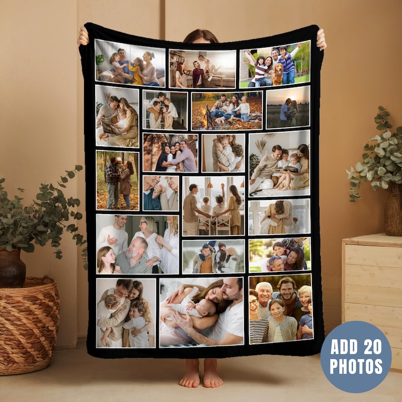 May include: A black custom photo collage blanket featuring twenty individual rectangular frames displaying various family portraits, candid moments, and group shots, arranged in a grid layout on a soft fabric surface.