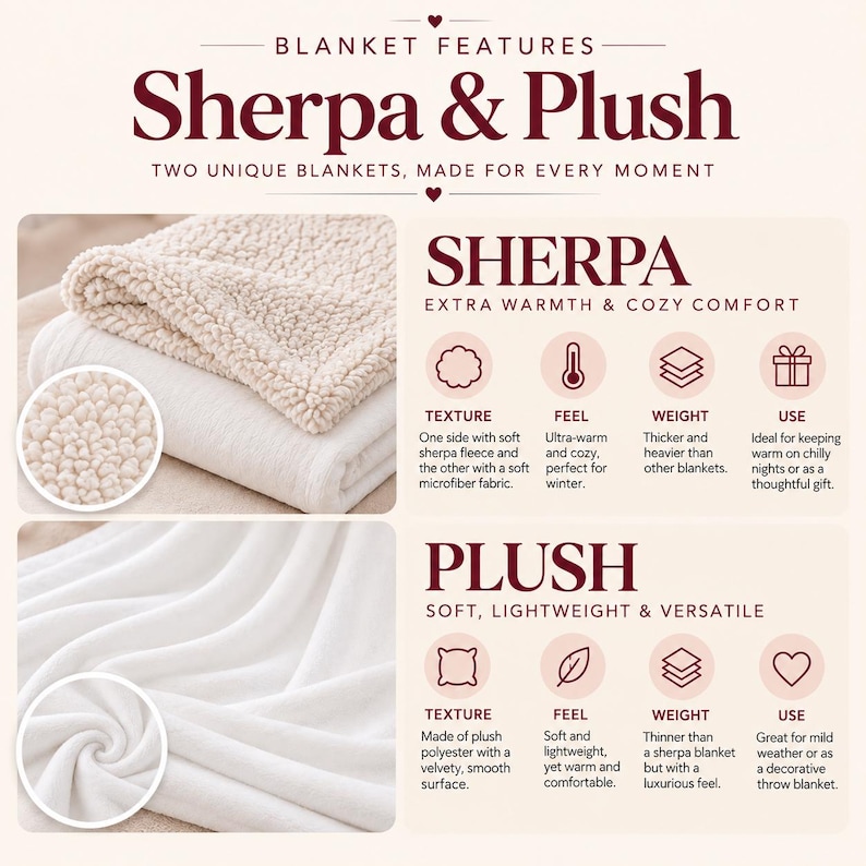 May include: An informational graphic titled Blanket Features Sherpa & Plush. It displays two types of blankets: a beige sherpa blanket with a textured fleece side and a smooth white plush blanket, each accompanied by icons and text detailing their specific texture, feel, weight, and use.