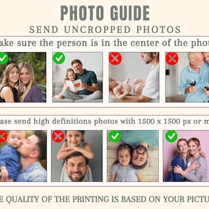 May include: A photo guide infographic with the text PHOTO GUIDE, SEND UNCROPPED PHOTOS, and PLEASE SEND HIGH DEFINITIONS PHOTOS WITH 1500 X 1500 PX OR MORE. It displays eight example photos with green checkmarks or red X marks.