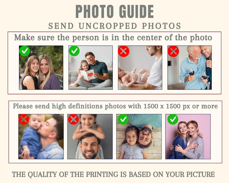 May include: A photo guide infographic with the text PHOTO GUIDE, SEND UNCROPPED PHOTOS, and PLEASE SEND HIGH DEFINITIONS PHOTOS WITH 1500 X 1500 PX OR MORE. It displays eight example photos with green checkmarks or red X marks.