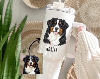 May include: White tumbler with a black, brown, and white dog portrait and the name "HARLEY" in black script. The tumbler has a white handle, a clear lid, and a clear straw. A smaller image of the dog is in the lower left corner.