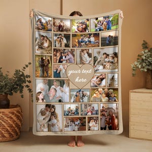 May include: A beige rectangular fleece blanket featuring a photo collage of various family moments arranged in rectangular frames, with a central heart-shaped graphic containing the white text your text here.