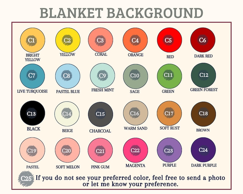 May include: A color chart titled BLANKET BACKGROUND featuring twenty-four numbered circular swatches labeled with color names including bright yellow, coral, orange, red, dark red, turquoise, pastel blue, mint, sage, green, forest, black, beige, charcoal, sand, rust, brown, pastel, melon, pink, magenta, purple, and dark purple.