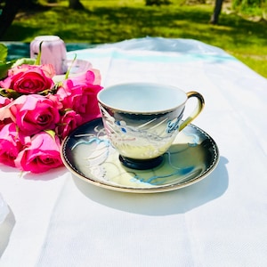 Vintage Japanese Tea Cup & Saucer | Black Glaze with Hand-Painted Dragon | Grey  Blue | Handwritten Made in Japan | 1940–50 Pottery -Teaware