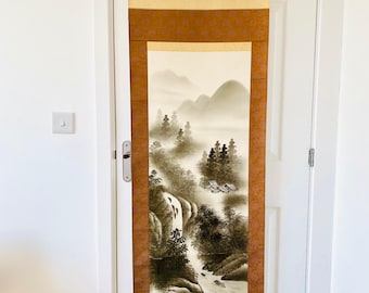 Vintage Japanese Sumi-e Scroll - Koi Fish & Waterfall Ink Painting  -Zen Wall Decor - Wabi-Sabi Home Decor -Japanese Ink Painting - Kakejiku