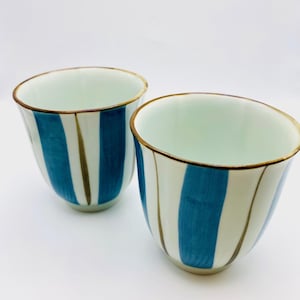 Rare Vintage Arita Porcelain Yunomi Pair – Taizan Kiln– Handmade Japanese Tea Cups – Fine Thin Porcelain –Blue & Brown Stripe–8cm-Christmas