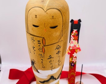 Vintage Kokeshi Doll Gift Set–Japanese Kokeshi-Black Lily- Hand-Painted Japanese Folk Art - Minimalist Decor -Wabi Sabi Decor- Made in Japan