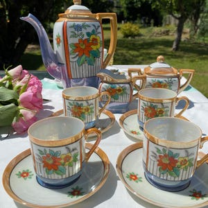 Vintage Japanese Lusterware Tea Set (11 Pieces) – 1930s Art Deco – Hand-Painted Floral – Made in Japan Porcelain – Iridescent Gold Trim